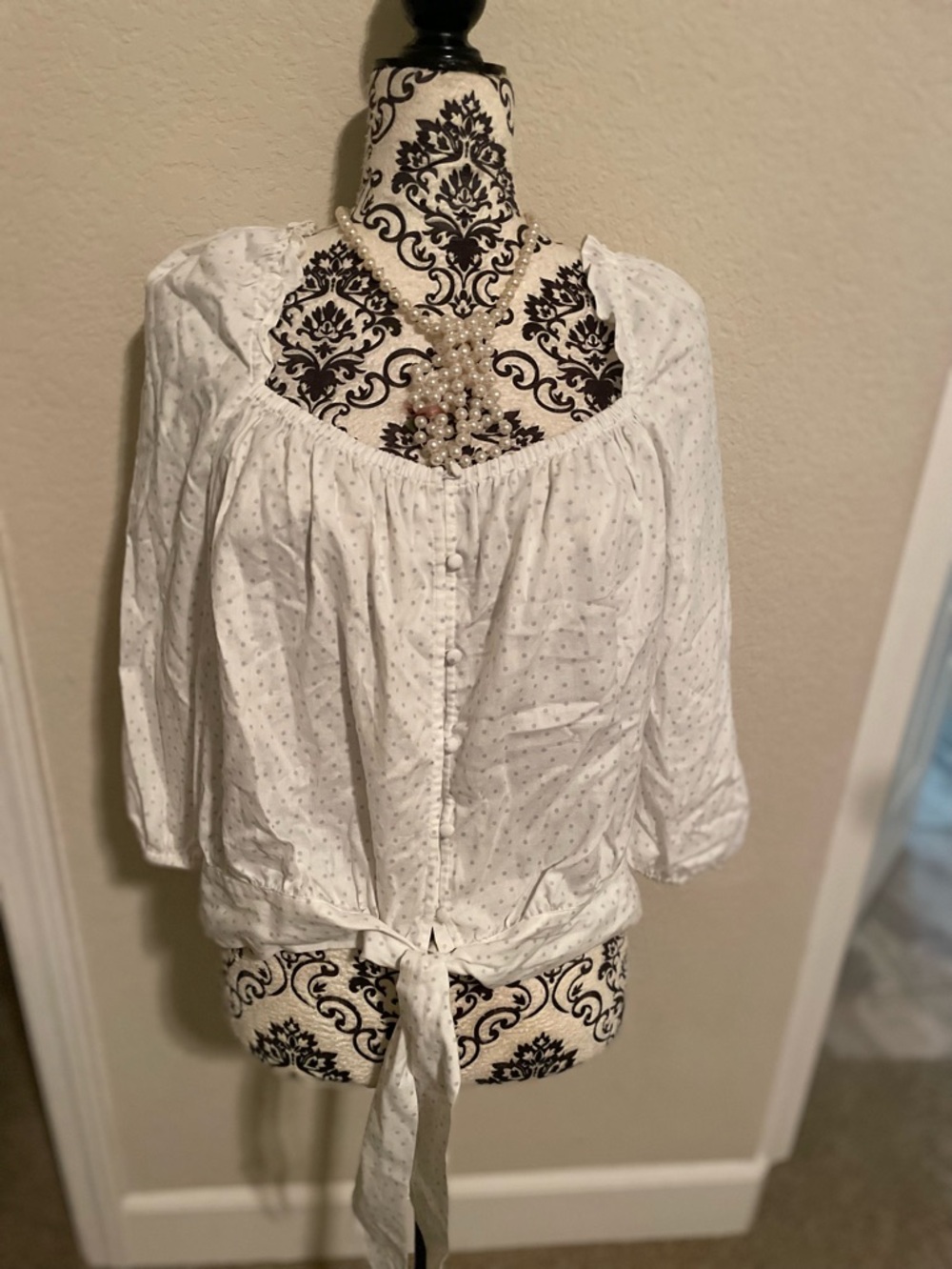 PAIGE White Tie-Front Peasant Blouse with Dotted Texture
